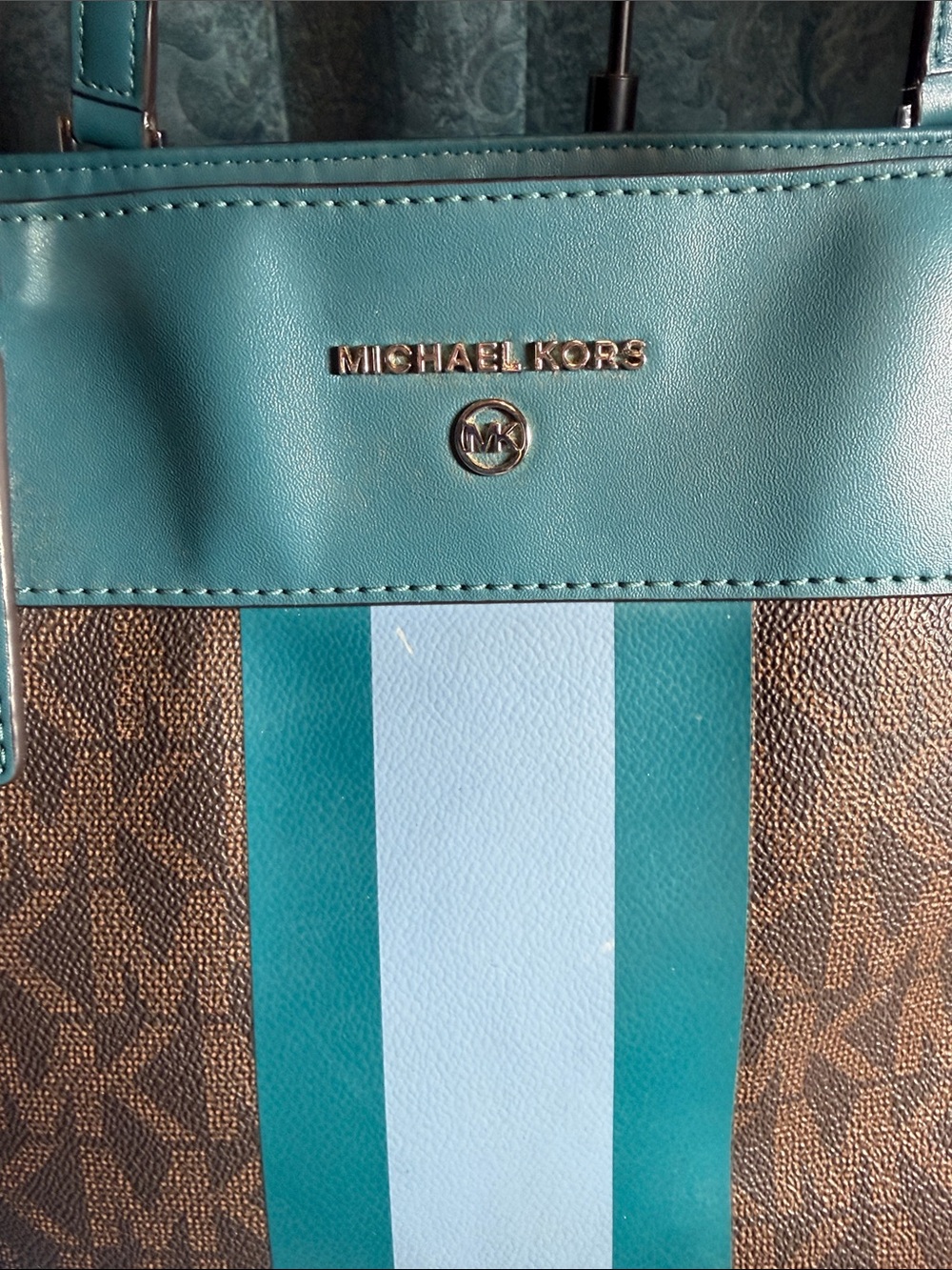 Michael Kors Brown Tote with Teal and White Center Stripe - Picture 2 of 13
